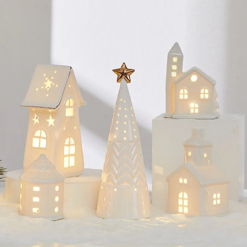 Christmas Ceramic Light up Tree House Desktop Ornament Holiday Home Decor Tabletop Decoration Christmas Perfect Gift Idea