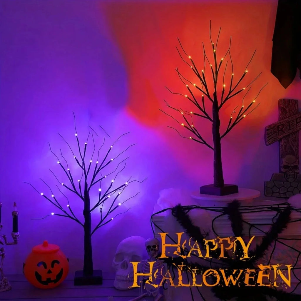 1Pc 24 LED Orange and Purple Lighted Halloween Artificial Birch Tree Light DIY Black Branches Lights Tabletop Halloween Spooky