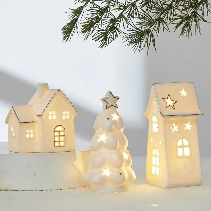 Christmas Ceramic Light up Tree House Desktop Ornament Holiday Home Decor Tabletop Decoration Christmas Perfect Gift Idea