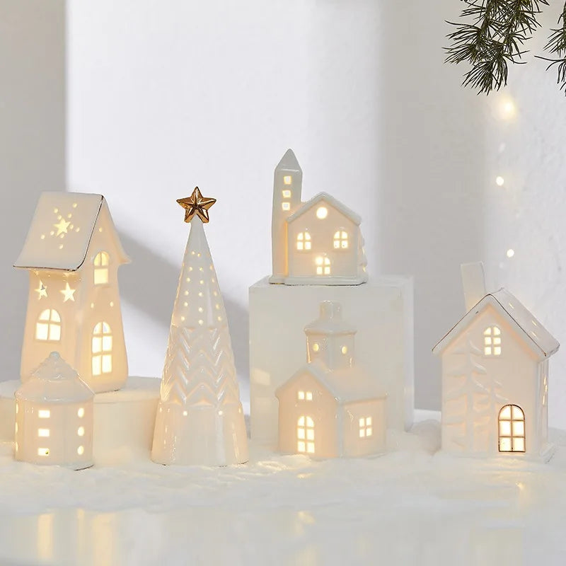 Christmas Ceramic Light up Tree House Desktop Ornament Holiday Home Decor Tabletop Decoration Christmas Perfect Gift Idea