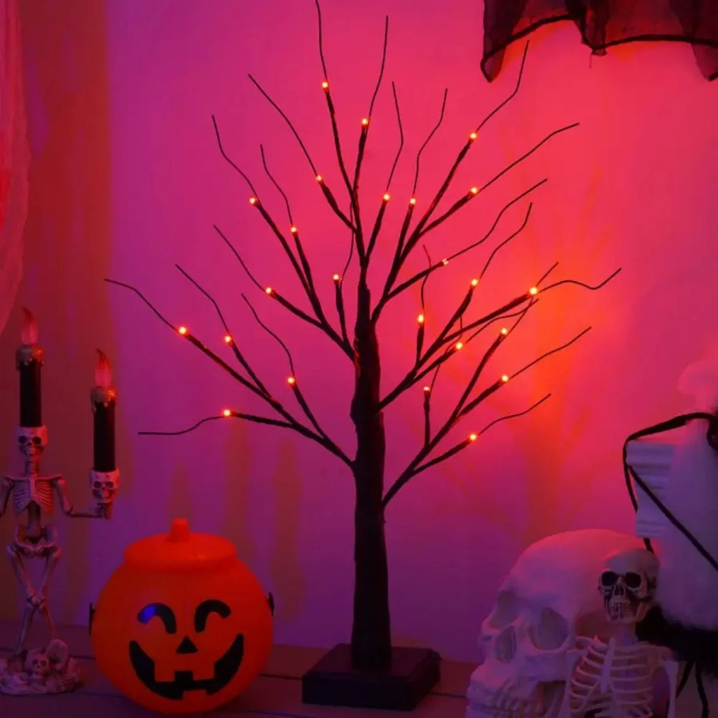 1Pc 24 LED Orange and Purple Lighted Halloween Artificial Birch Tree Light DIY Black Branches Lights Tabletop Halloween Spooky