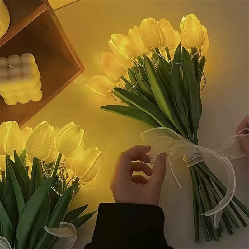 10PCS Tulips with LED Light Artificial Tulip Flowers Table Lamp Simulation Tulips Bouquet Night Light Gifts for Home Decoration