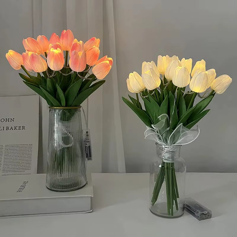 10PCS Tulips with LED Light Artificial Tulip Flowers Table Lamp Simulation Tulips Bouquet Night Light Gifts for Home Decoration