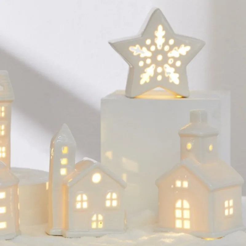 Christmas Ceramic Light up Tree House Desktop Ornament Holiday Home Decor Tabletop Decoration Christmas Perfect Gift Idea