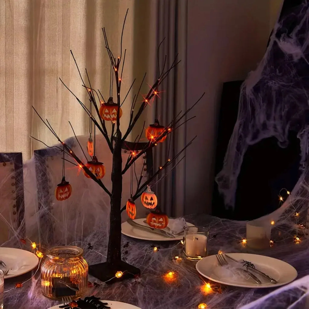 1Pc 24 LED Orange and Purple Lighted Halloween Artificial Birch Tree Light DIY Black Branches Lights Tabletop Halloween Spooky