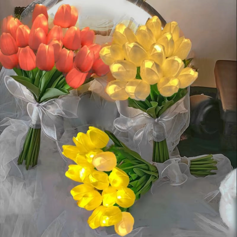 10PCS Tulips with LED Light Artificial Tulip Flowers Table Lamp Simulation Tulips Bouquet Night Light Gifts for Home Decoration