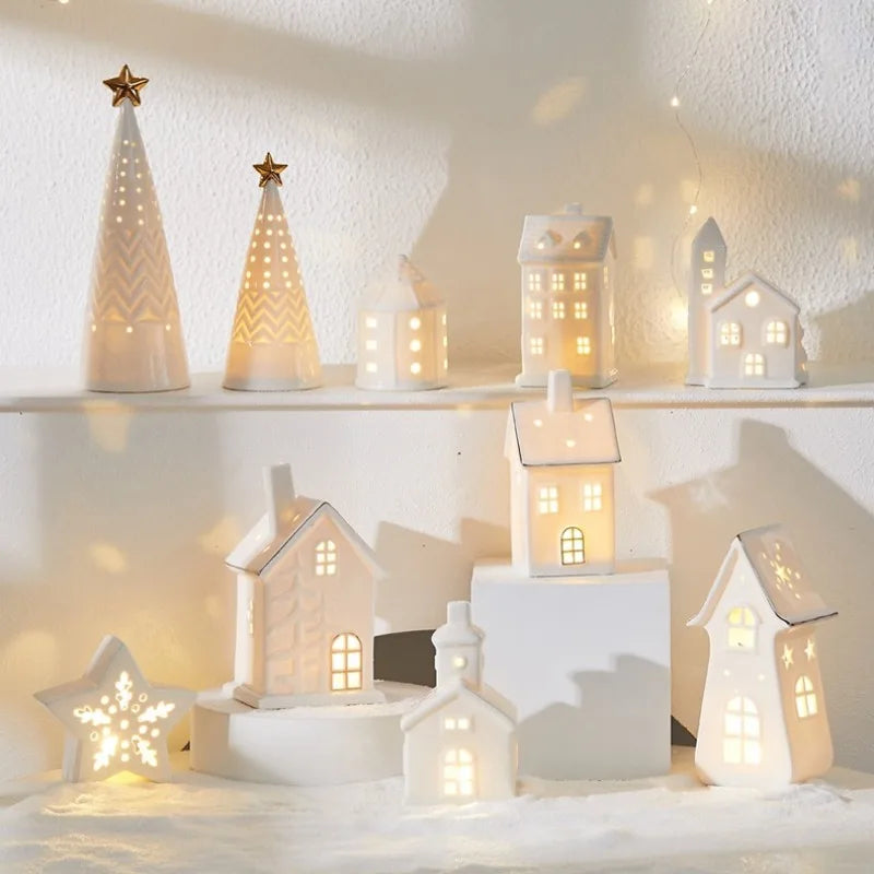 Christmas Ceramic Light up Tree House Desktop Ornament Holiday Home Decor Tabletop Decoration Christmas Perfect Gift Idea