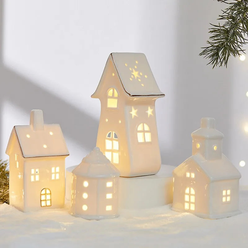 Christmas Ceramic Light up Tree House Desktop Ornament Holiday Home Decor Tabletop Decoration Christmas Perfect Gift Idea