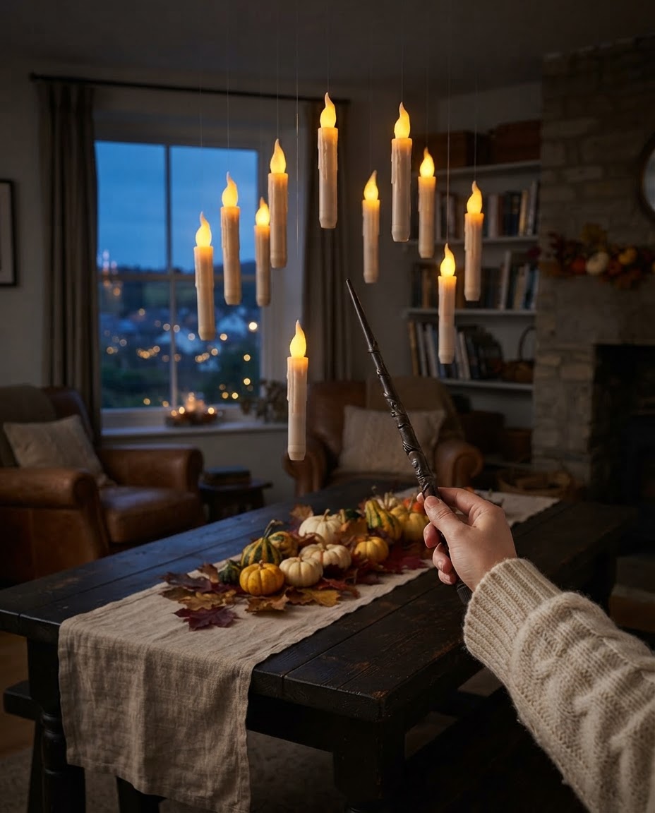 Styled illustration: twelve floating LED candles glowing above a dining table while a hand points the wand remote
