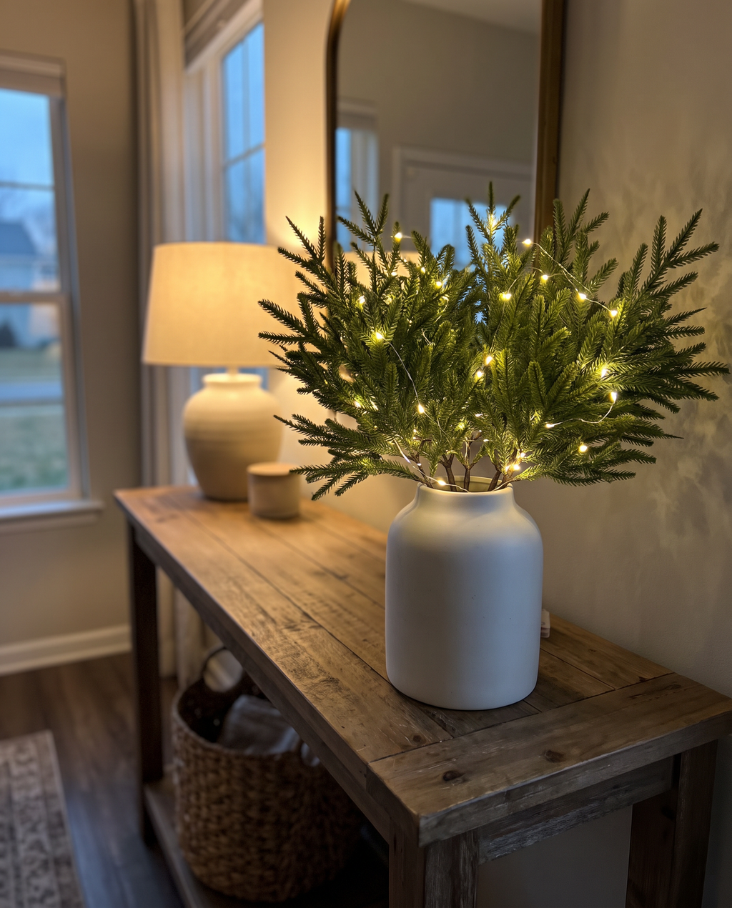 Styled illustration: Glowbough pine stems glowing softly on a wooden console table