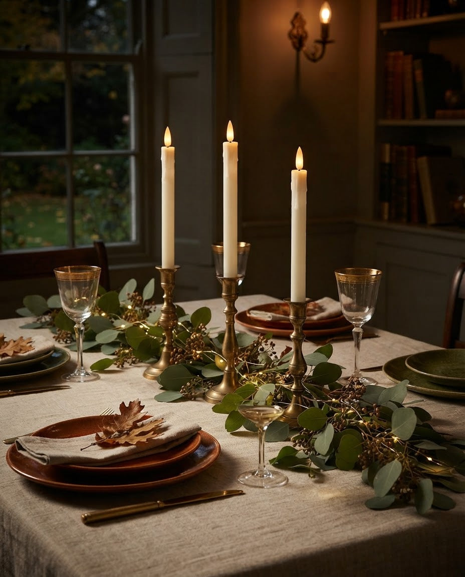 Styled illustration: ivory rechargeable taper candles in brass candlesticks on an autumn dinner table
