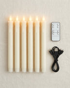 What's in the box, 6 set: 6 rechargeable taper candles, 1 remote control and a USB charging cable (candle holders not included)