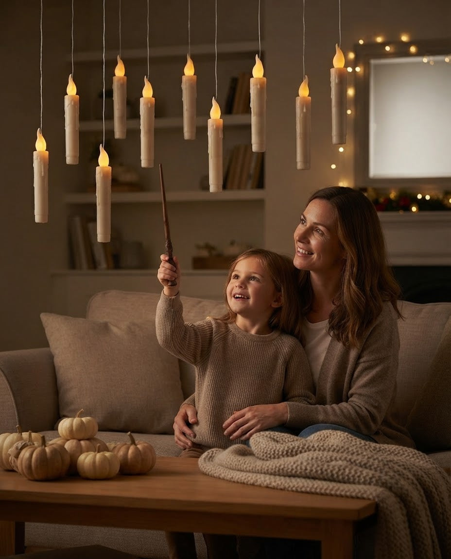 Styled illustration: a mother and daughter on the sofa, the girl raising the wand remote as floating candles glow above them