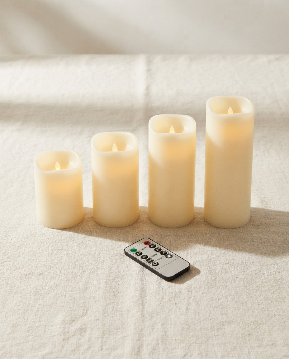 What's in the box, 4 set: 4 flickering pillar candles in 4 heights and 1 remote control (candle batteries not included)