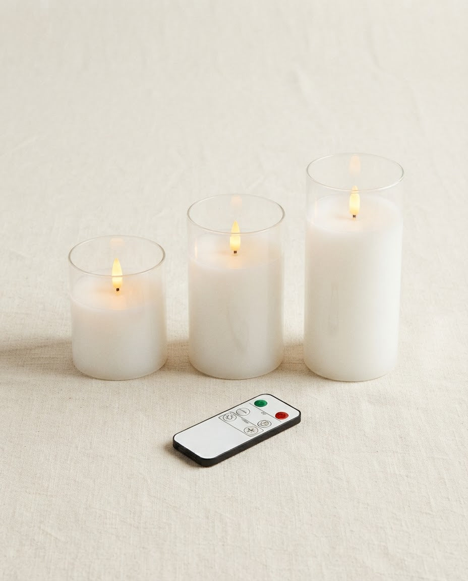 What's in the box: 3 LED candles in glass holders (3 heights) and 1 remote control; batteries not included