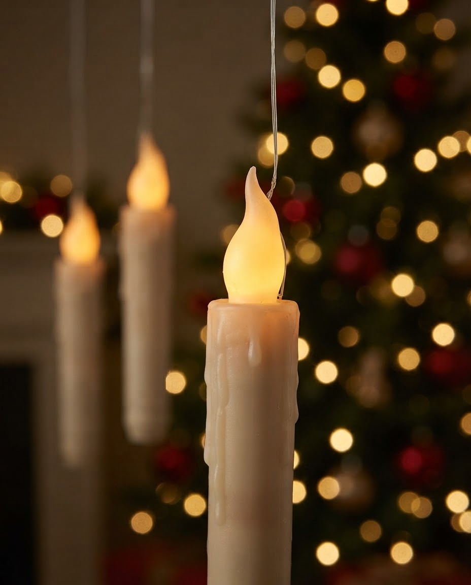 Styled illustration: close-up of the flickering LED flame with a Christmas tree glowing behind