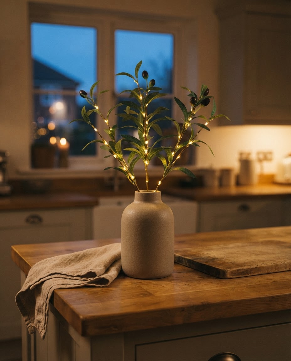 Styled illustration: three lit faux olive stems glowing in a stone ceramic vase on an oak kitchen island at dusk
