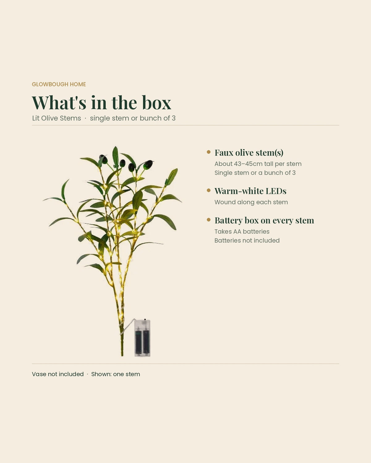 What's in the box: lit faux olive stem about 43-45cm tall with warm-white LEDs and AA battery box; batteries and vase not included