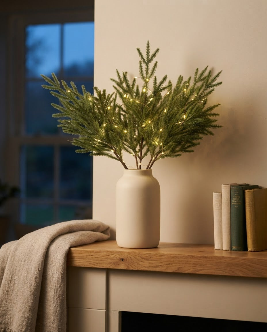 Styled illustration: Glowbough lit pine stems with a warm-white fairy-light strand in a cream ceramic vase on an oak mantel at dusk