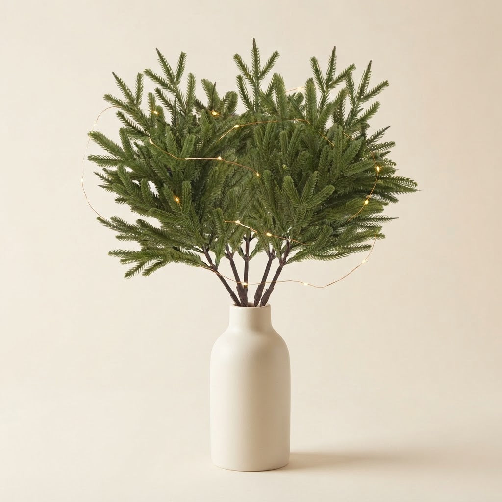 Styled illustration: 5 faux pine stems wrapped with one warm-white fairy-light strand in a cream vase on a warm cream studio background (vase not included)