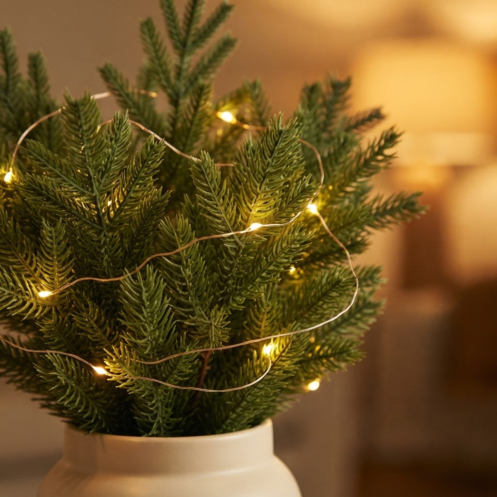 Styled illustration: close-up of the warm-white copper-wire fairy lights threaded through soft faux pine needles