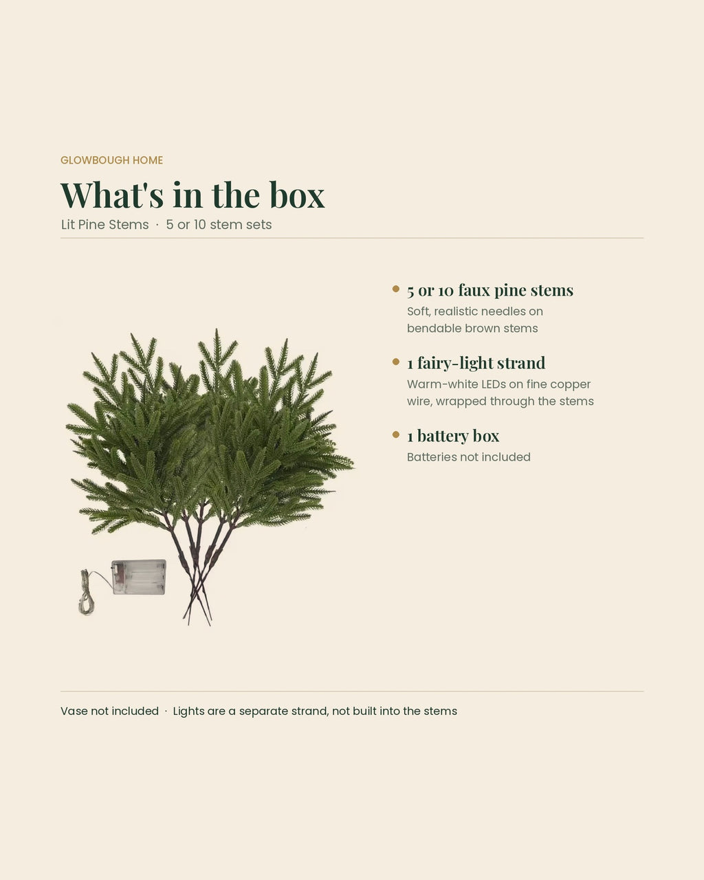 What's in the box: 5 or 10 faux pine stems, 1 warm-white fairy-light strand and 1 battery box; batteries and vase not included