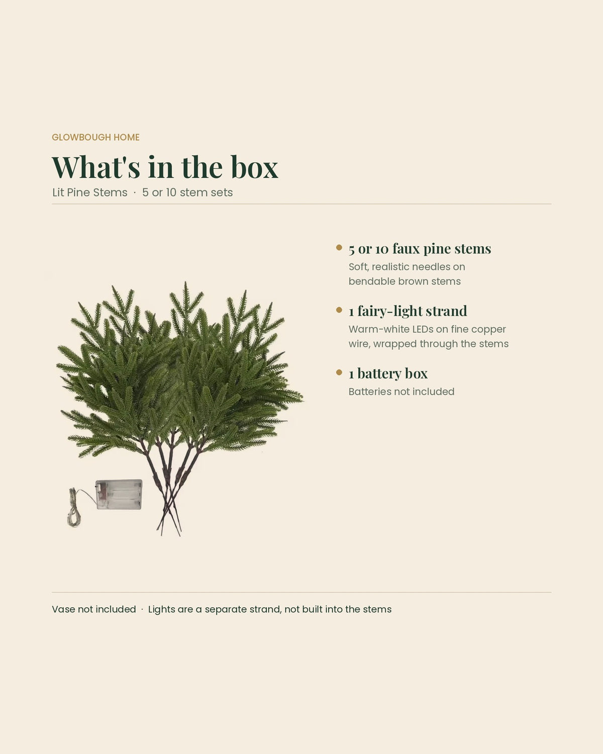 What's in the box: 5 or 10 faux pine stems, 1 warm-white fairy-light strand and 1 battery box; batteries and vase not included
