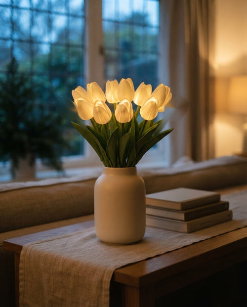 Styled illustration: Glow Tulip Bouquet of 10 milk-white lit tulips in a cream vase on an oak console table at dusk