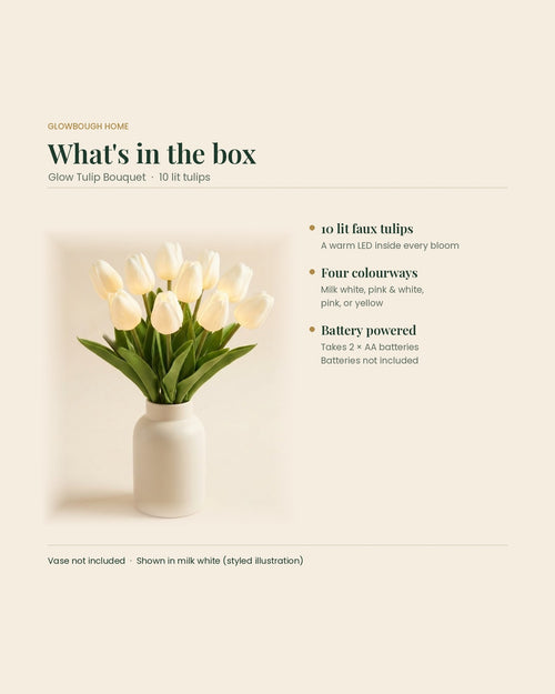 Styled illustration: what's in the box - 10 lit tulips, battery powered by 2 x AA batteries (not included); vase not included